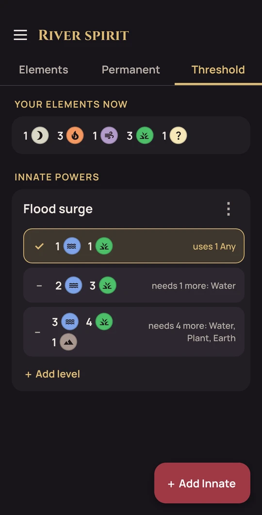 Element Tracker: the elements this turn and an innate power with the levels you reach highlighted in gold