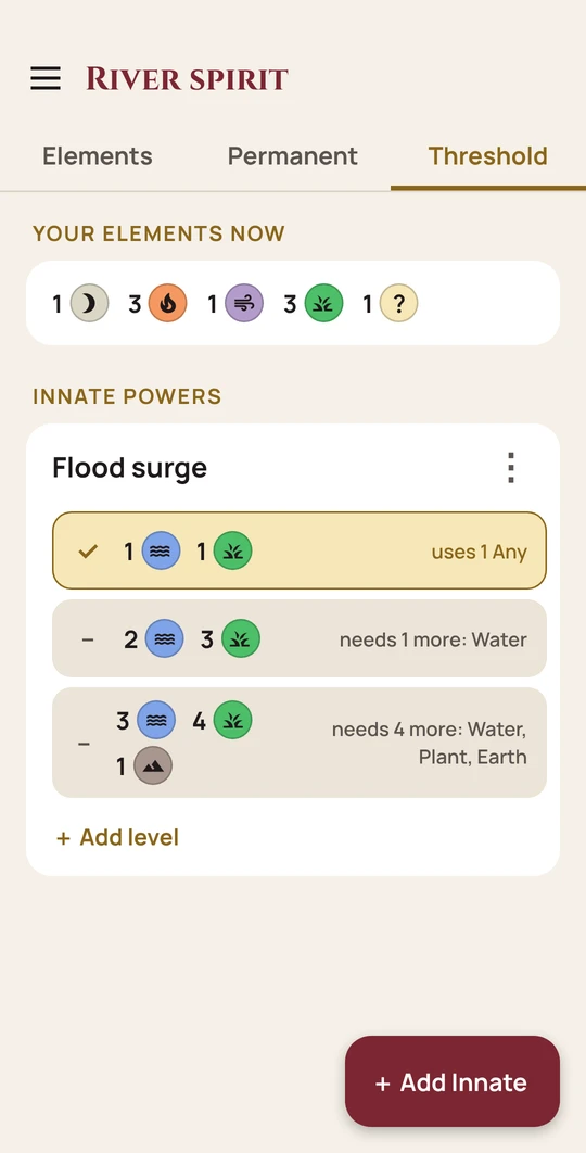 Element Tracker: the elements this turn and an innate power with the levels you reach highlighted in gold
