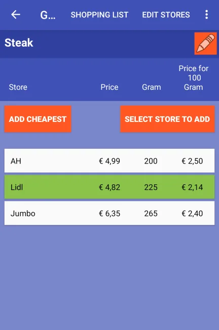 Grocery App comparing the price of steak at three stores