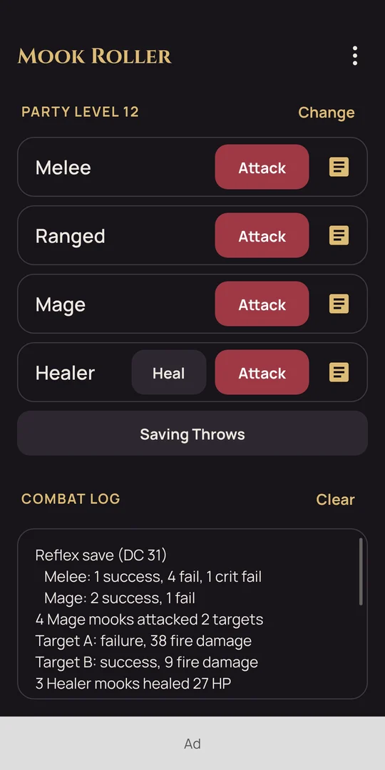 Mook Roller: the four kinds of mooks with Attack buttons and the combat log below