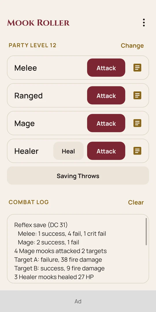 Mook Roller: the four kinds of mooks with Attack buttons and the combat log below