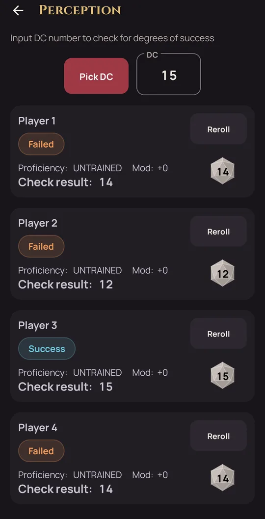GM screen with four players rolling Perception against DC 15, each with a degree of success