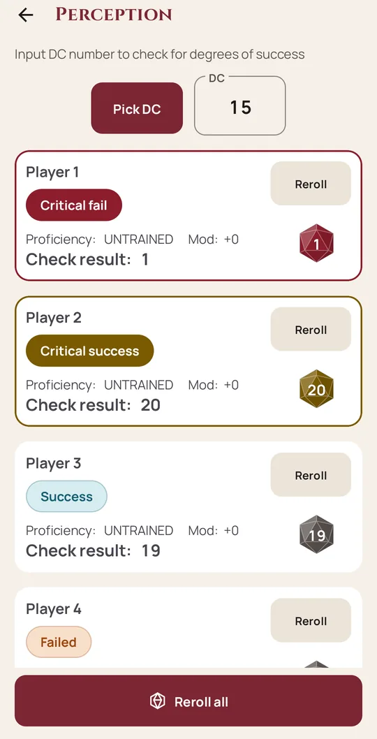 GM screen with four players rolling Perception against DC 15, each with a degree of success