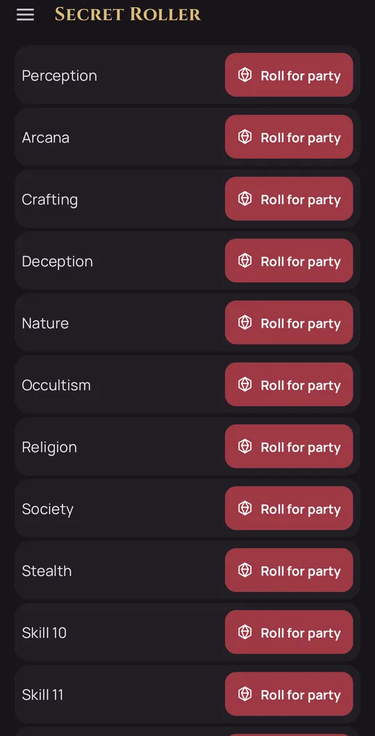 GM skill list with a Roll for party button per skill