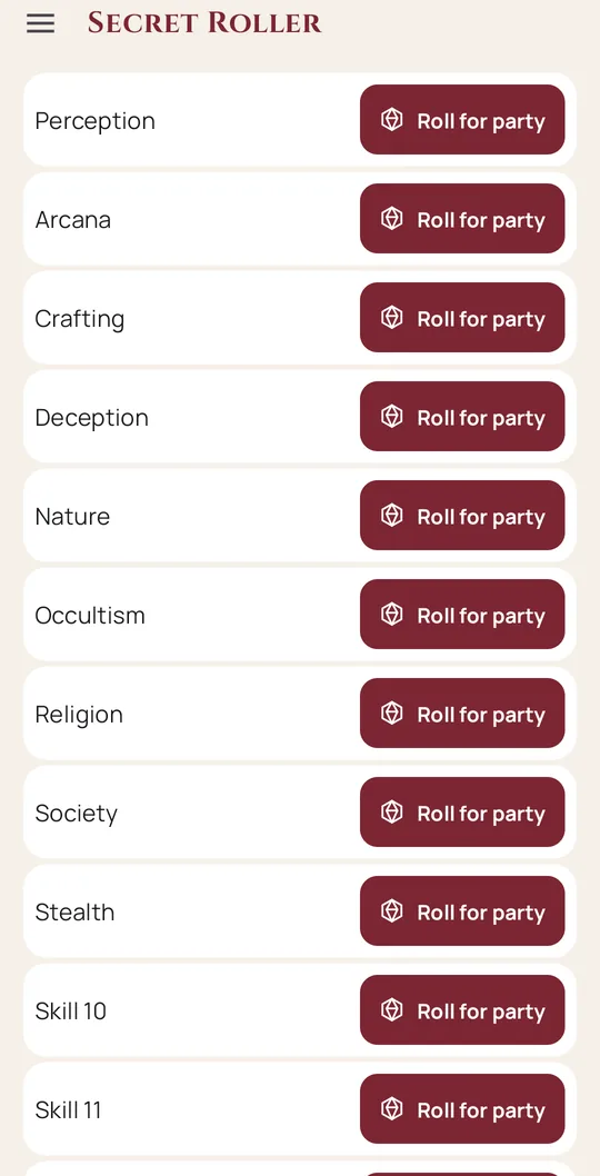 GM skill list with a Roll for party button per skill
