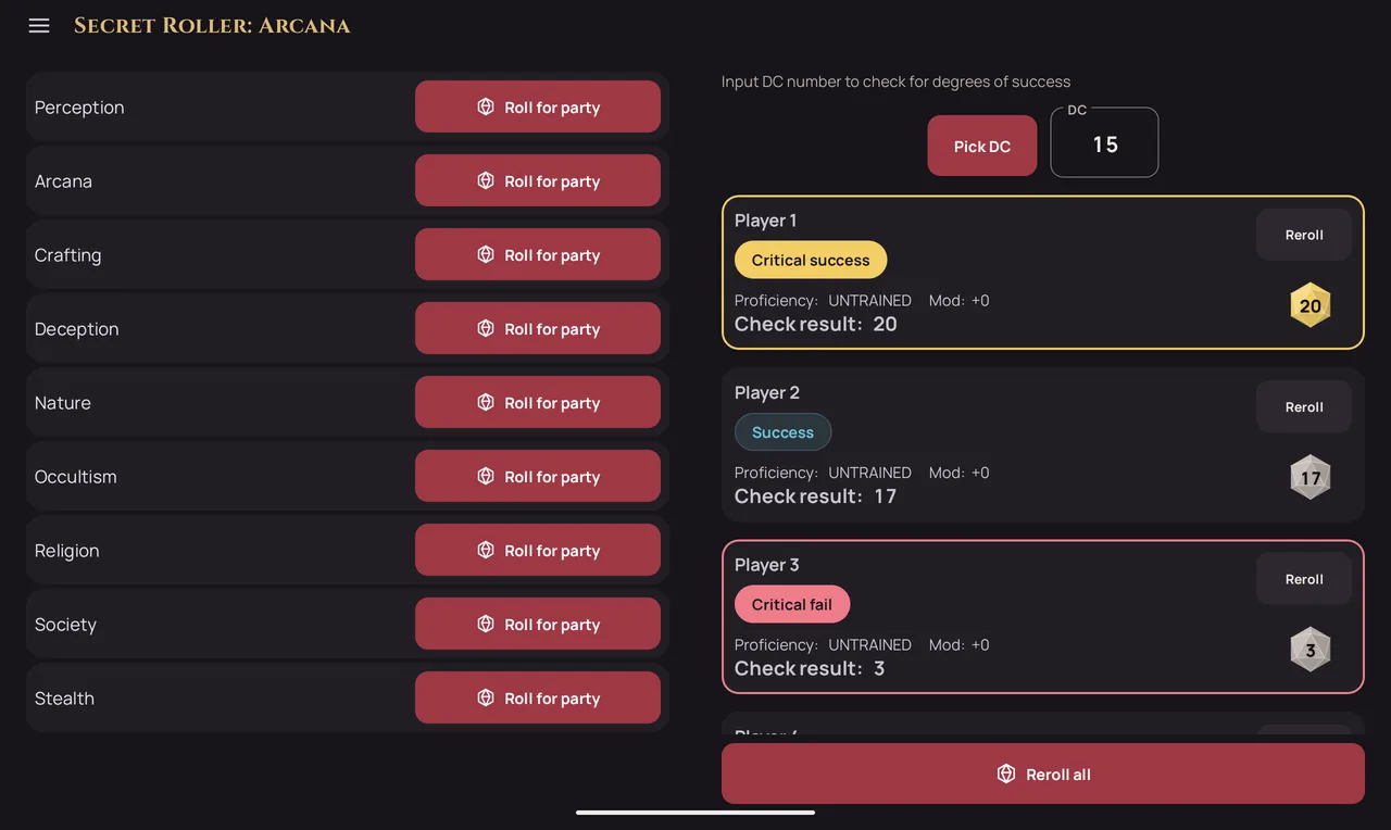 Secret Roller on a tablet: skill list on the left, Arcana results for the party on the right