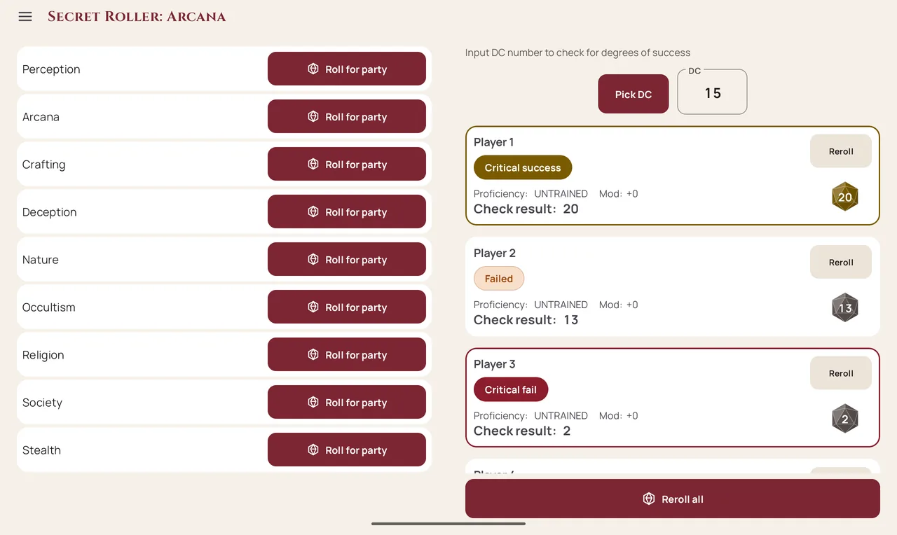 Secret Roller on a tablet: skill list on the left, Arcana results for the party on the right